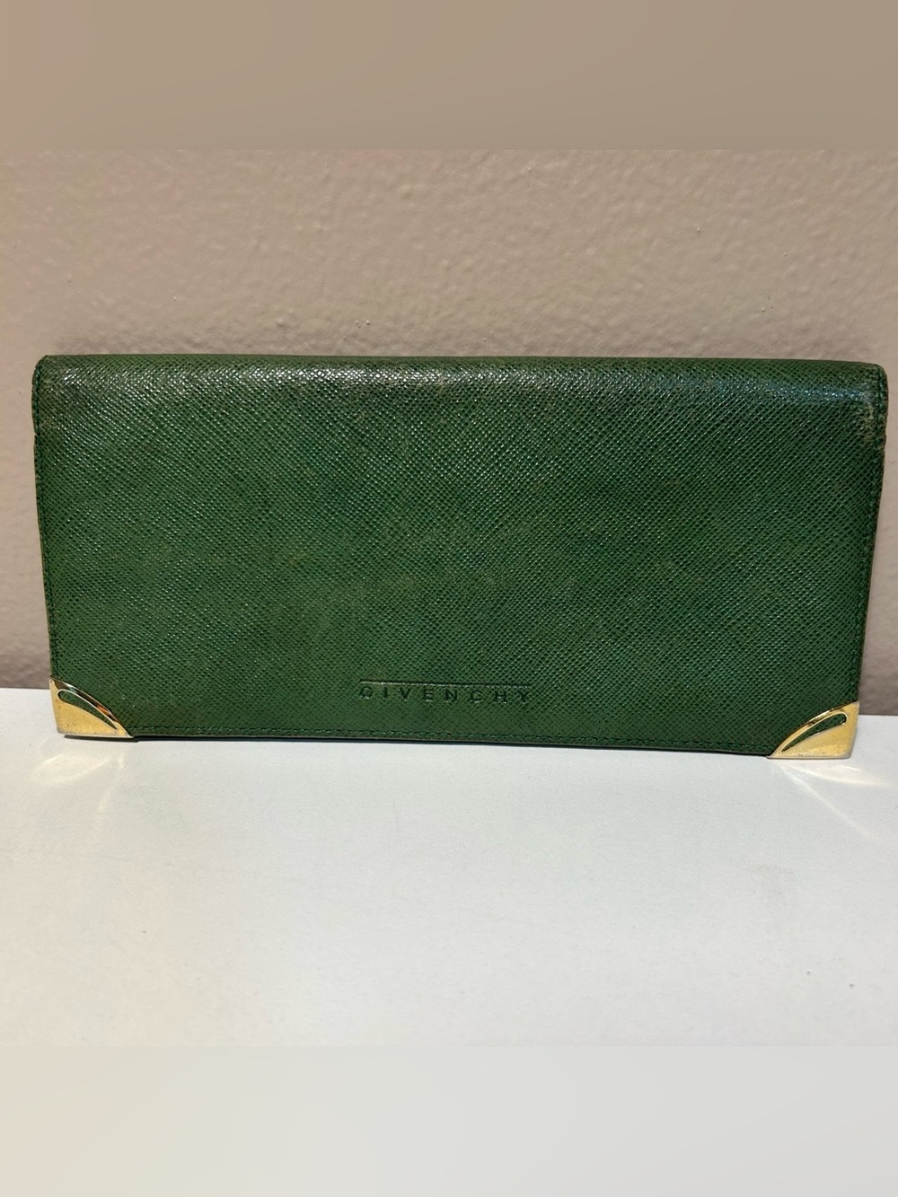 Givenchy Dark Green Leather bifold Wallet Gold Corners